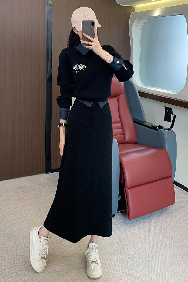 高级感时尚黑色女秋季御姐气质拼接卫衣半身裙套装,女装套装/套裙,2C310