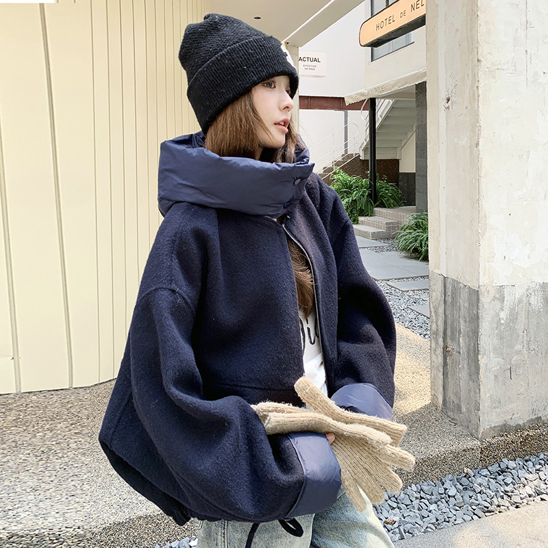 藏青色设计感白鸭绒羽绒内胆呢子外套女冬新款小个子短款加厚毛呢,女装毛呢外套,2C016