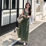 绿色森系碎花设计感连衣裙女2025夏季法式温柔度假风俏皮减龄长裙，女装连衣裙，2C212