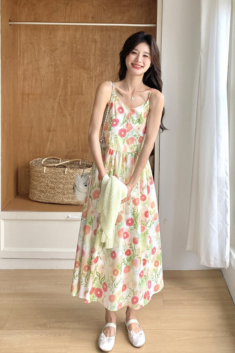2025新款法式碎花吊带连衣裙套装女夏季温柔风针织开衫两件套,女装连衣裙,2C166