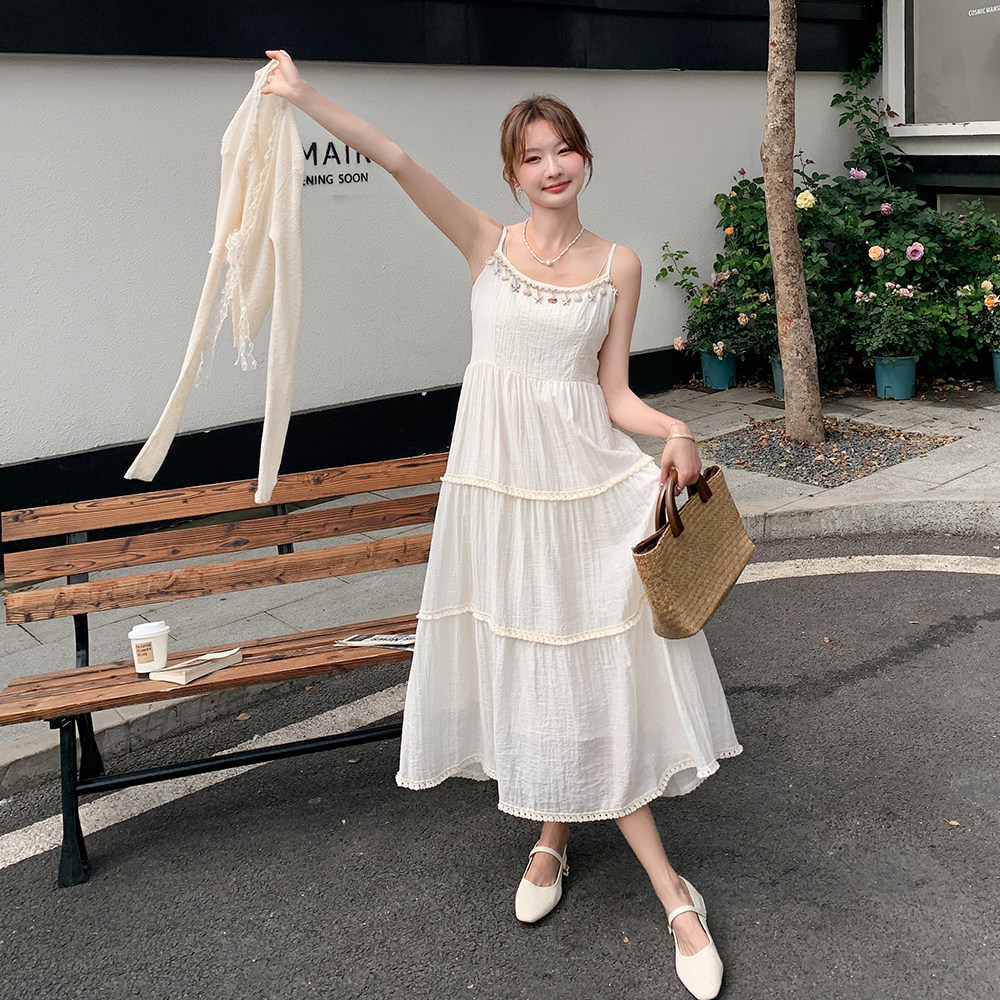 白色显瘦防晒衫气质名媛吊带长裙夏季新款超好看两件套连衣裙女裙,女装套装/套裙,2C299