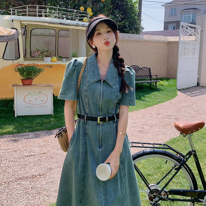 法式独特牛仔衬衫连衣裙女夏2025年新款小众设计收腰显瘦气质长裙,女装连衣裙,2C318