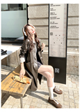 条纹拼接绿棕色皮衣外套女春秋2025新款中长款气质机车服PU皮夹克，女装风衣，2C291