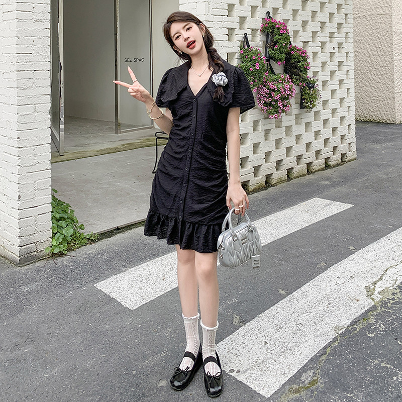 高品质2025春夏季新款连衣裙女夏小个子小众收腰显瘦小黑裙,女装连衣裙,2C222