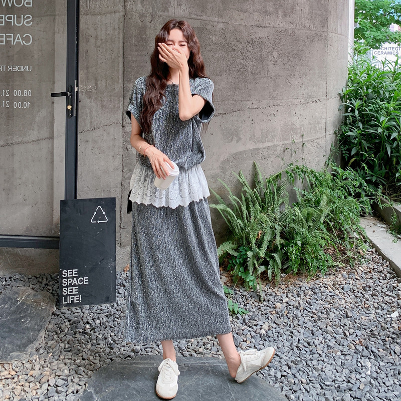 法式蕾丝拼接休闲上衣半身裙两件套女2025年夏季新款休闲显瘦套装图片
