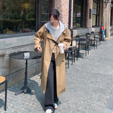 卡其色假两件连帽风衣外套女中长款可拆卸帽休闲秋季过膝大衣，女装风衣，2C238