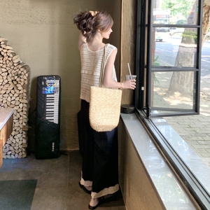 波西米亚镂空刺绣马甲上衣蕾丝拼接阔腿裤套装两件套女夏韩系绝美图片