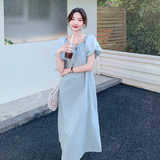 蓝色法式泡泡袖连衣裙女2025夏季新款超好看收腰显瘦大方得体长裙，女装连衣裙，2C135