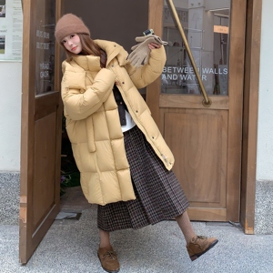 韩系chic黄色连帽羽绒服女冬超火好看高级小众泡芙中长款加厚外套图片