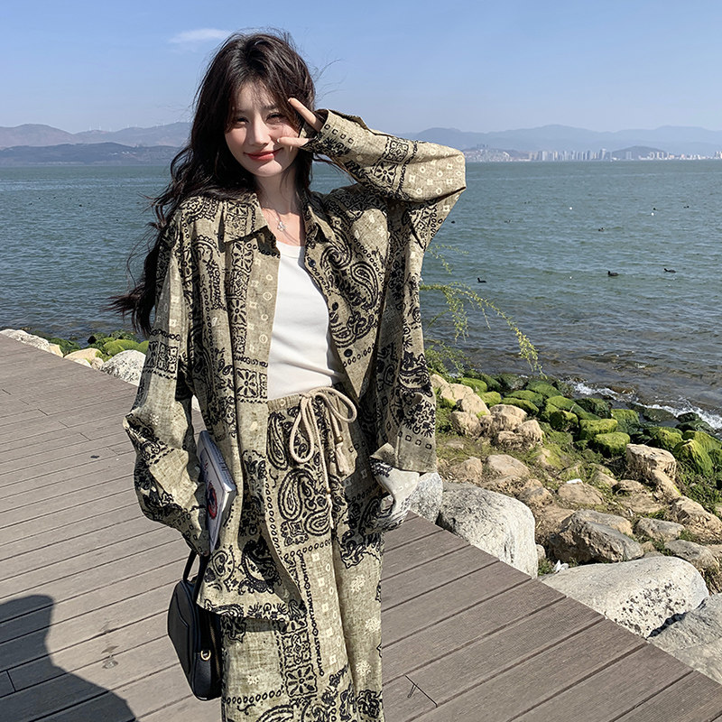 老钱风时尚印花防晒套装女春秋2025款韩系独特好看垂感衬衫阔腿裤,女装套装/套裙,2C300
