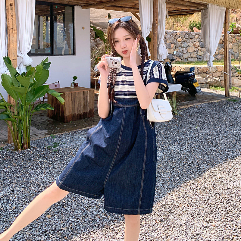 牛仔背带裙套装女2024夏季新款设计感小众减龄宽松条纹T恤两件套,女装套装/套裙,2C233