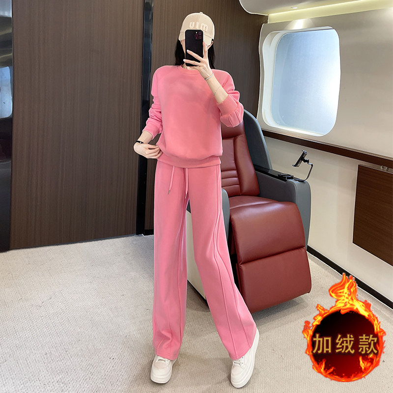女秋冬季洋气减龄加绒卫衣阔腿裤套装,女装套装/套裙,2C310