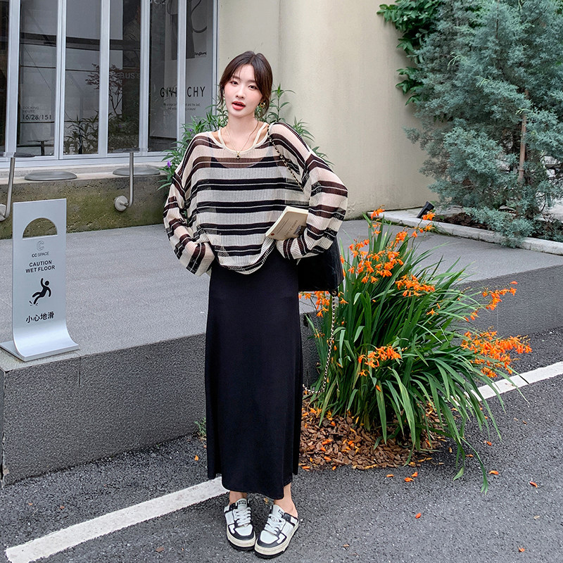 【现货】慵懒风薄针织T恤吊带裙套装显瘦两件套6005条纹P115K178,女装套装/套裙,2C166