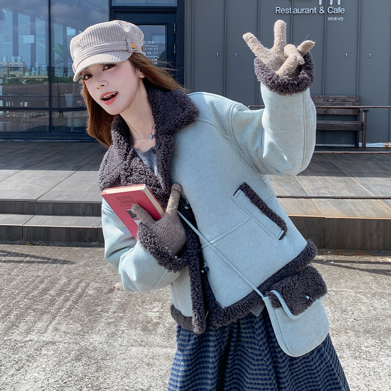 蓝色皮毛一体羊羔毛外套女2025秋冬新款小个子减龄加厚保暖短上衣,女装毛呢外套,2D034