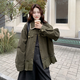 军绿色港风复古拼接牛仔外套女2025秋新款夹克休闲百搭宽松上衣潮，女装短外套，2C323