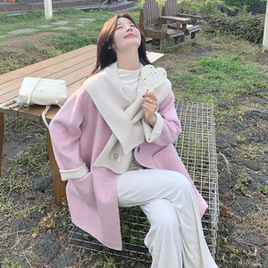 韩式chic粉色双面羊绒大衣女秋冬新款超火好看高级小众毛呢厚外套图片