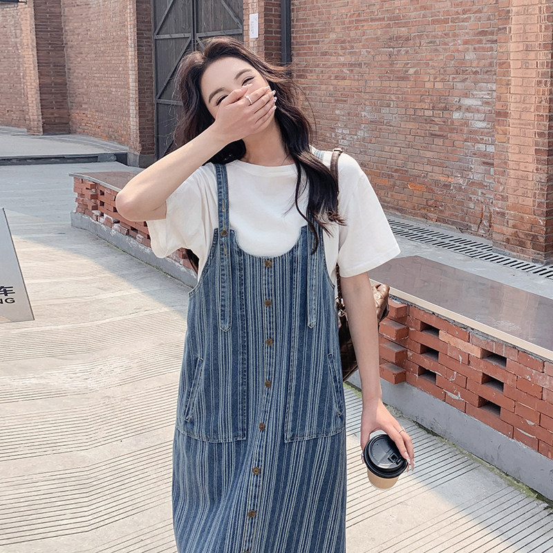 时尚条纹牛仔背带裙女新款夏季慵懒风宽松休闲减龄气质吊带连衣裙,女装连衣裙,2C112