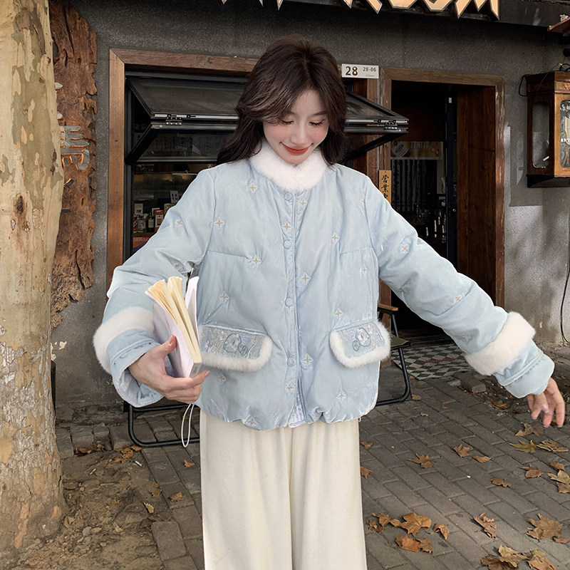 新中式国风减龄拼接毛毛羽绒服女2025冬季新款显瘦加厚白鸭绒外套图片