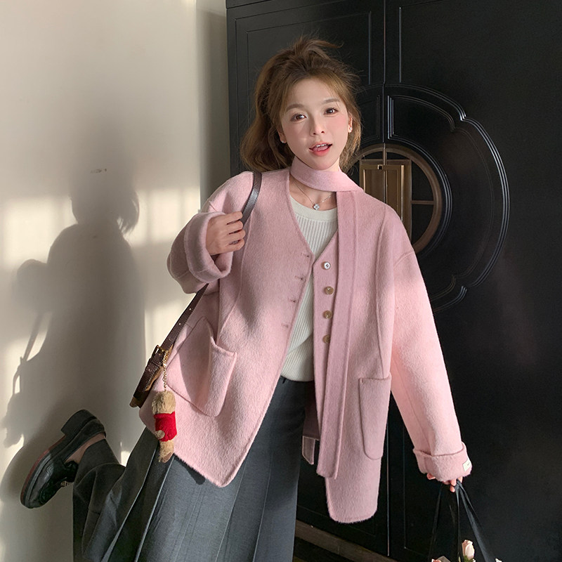 减龄粉色收腰羊毛双面呢外套女秋冬2025新款多巴胺小个子收腰大衣图片