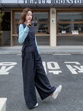 深蓝色复古高级感马甲套装女秋季2025新款气质休闲阔腿裤三件套，女装套装/套裙，2D034