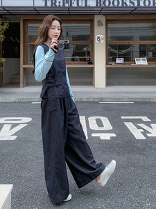 深蓝色复古高级感马甲套装女秋季2025新款气质休闲阔腿裤三件套图片