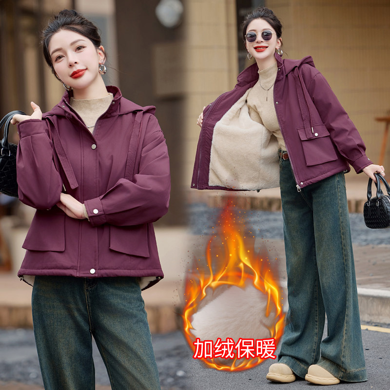 高级感紫红色加绒加厚外套女2025春秋新款休闲宽松连帽小个子棉服图片