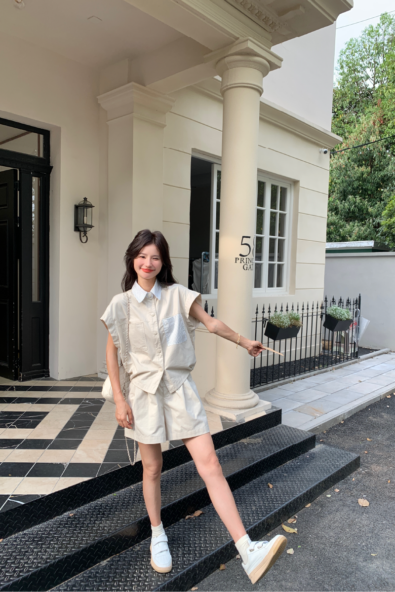 条纹拼接衬衫短裤套装女夏2025新款两件套小个子ootd穿搭大方得体,女装套装/套裙,2D146