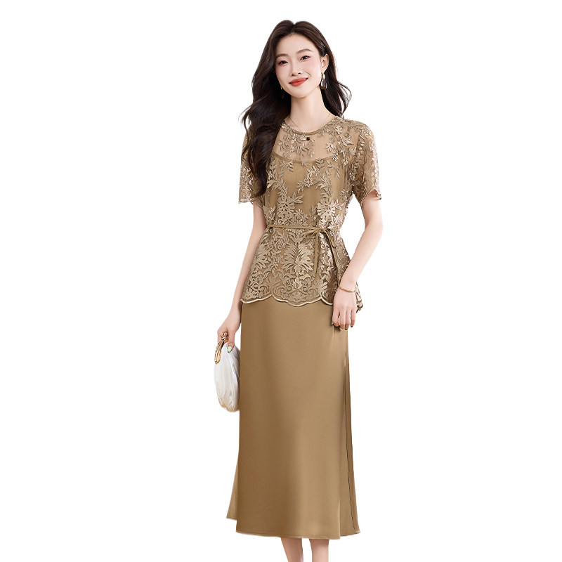 现货蕾丝花边上衣超柔高仿醋酸缎两件套吊带裙,女装连衣裙,衣佳和
