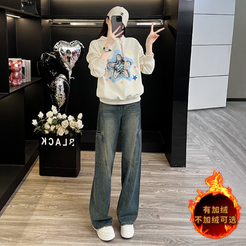 百搭印花刺绣卫衣直筒牛仔裤套装,女装套装/套裙,2C310