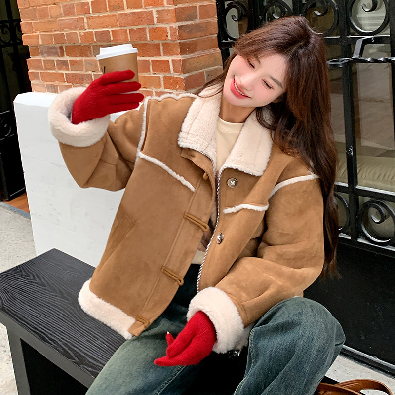 爆款流行皮毛一体麂皮绒羊羔毛绒外套女秋冬机车服爆款棉服加绒,女装短外套,2C131