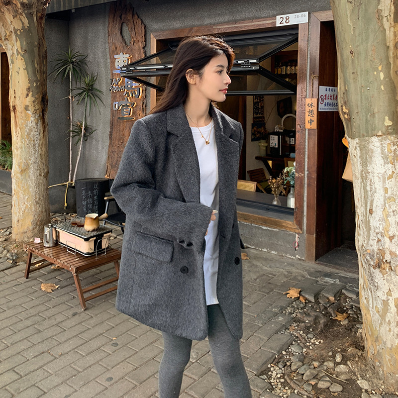 新款，高级感宽松休闲加棉灰色西装毛呢外套2372P185K268,女装西装,2C029