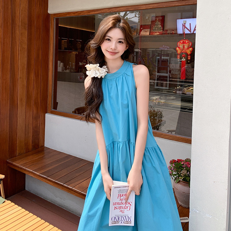 蓝色无袖背心长裙子女夏季高级感穿搭小个子法式超好看休闲连衣裙,女装连衣裙,2C218