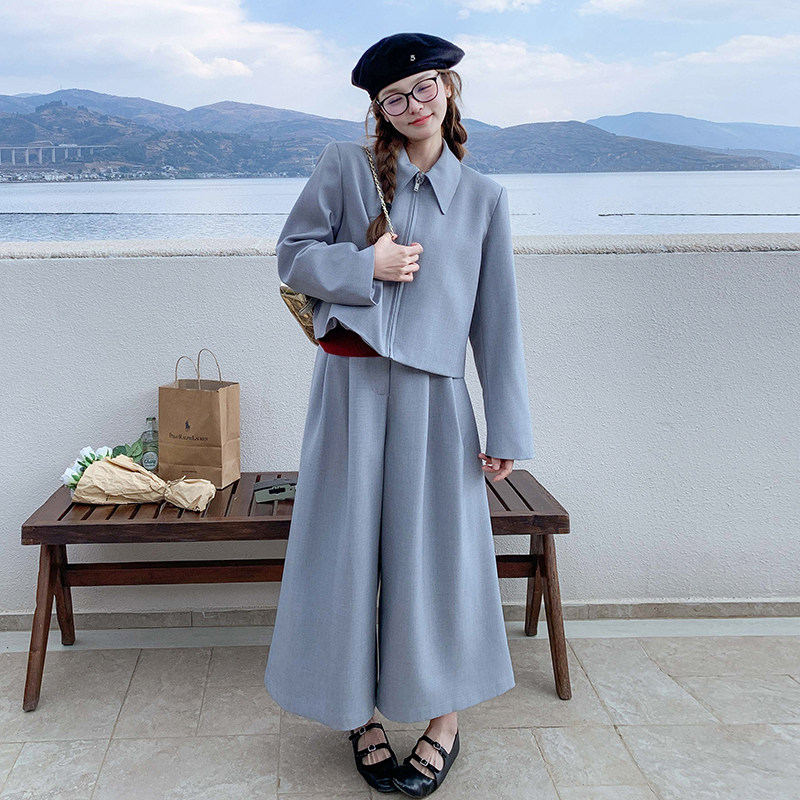 韩系高级感气质套装女2025春季新款小个子短外套阔腿裤洋气两件套,女装套装/套裙,2C159