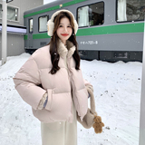 韩系羊羔毛领粉色羽绒服女冬短款加厚保暖时尚90白鸭绒面包服外套，女装羽绒服，2C166