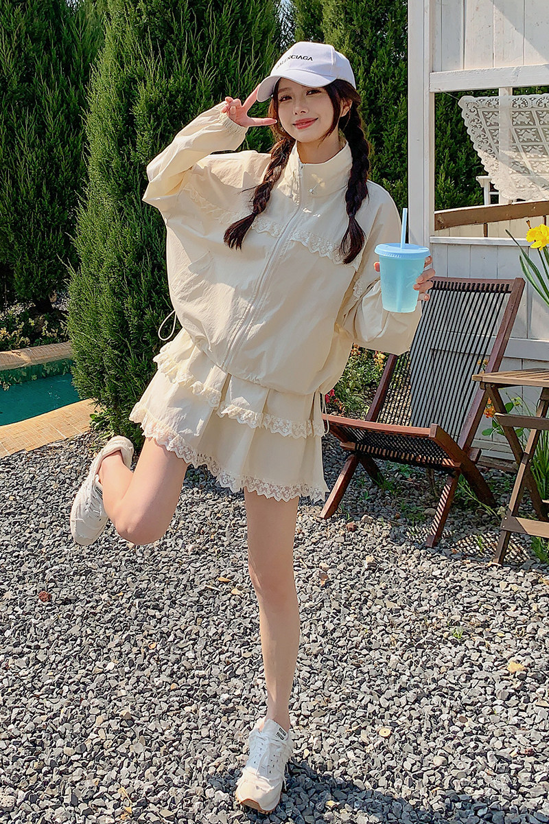 米白色蕾丝拼接套装裙女2025春季新款小个子甜美减龄半身裙两件套,女装套装/套裙,2C159