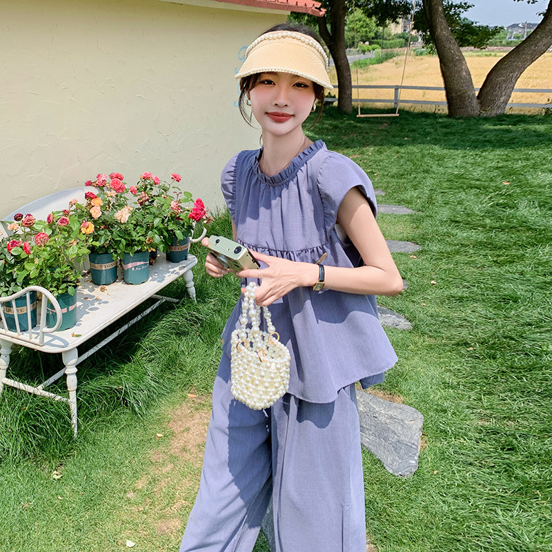 现货!套装女夏气质飞飞袖上衣阔腿长裤两件套5076P125K178,女装套装/套裙,2C166