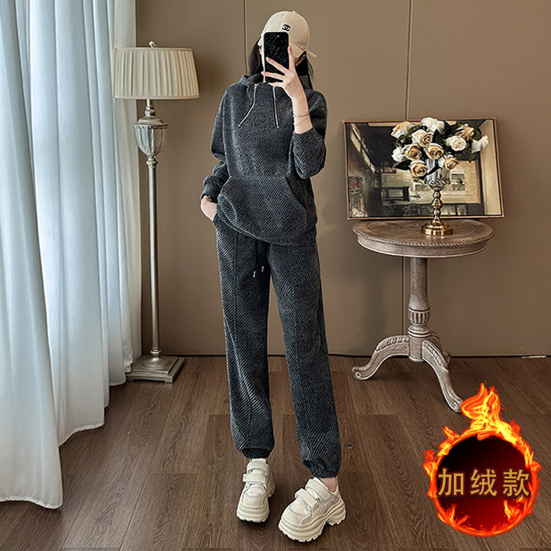 女秋冬黑灰色加绒加厚卫衣卫裤套装图片