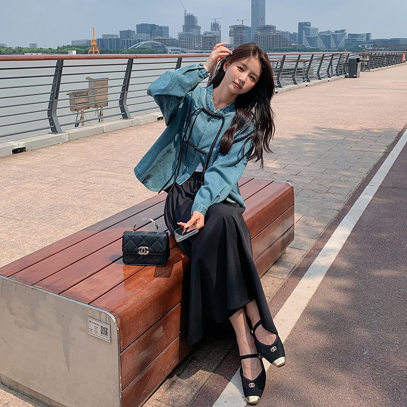新中式国风复古牛仔上衣半身裙女早春套装2025春秋新款时尚两件套,女装套装/套裙,2C018