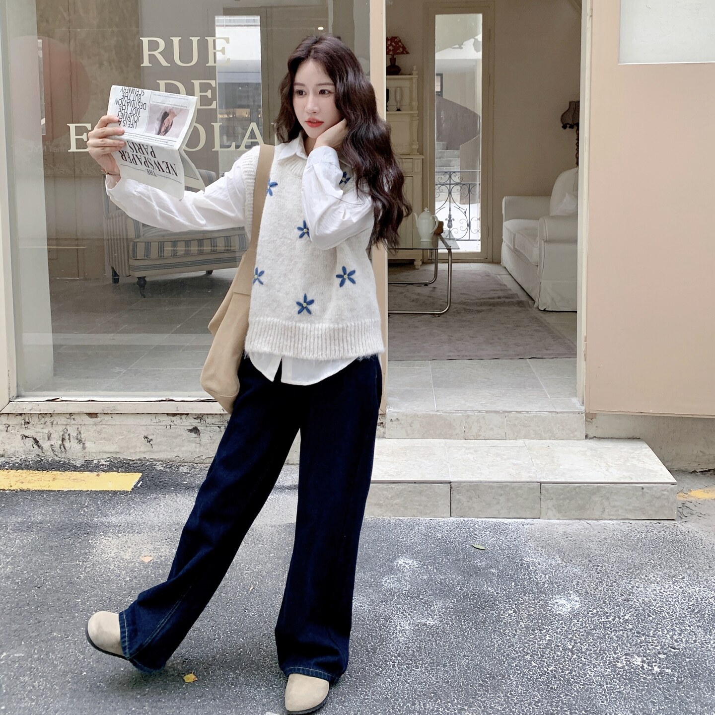 学院风碎花背心衬衫套装女春秋2025新款小个子韩系独特漂亮两件套,针织衫/毛衣,2C135
