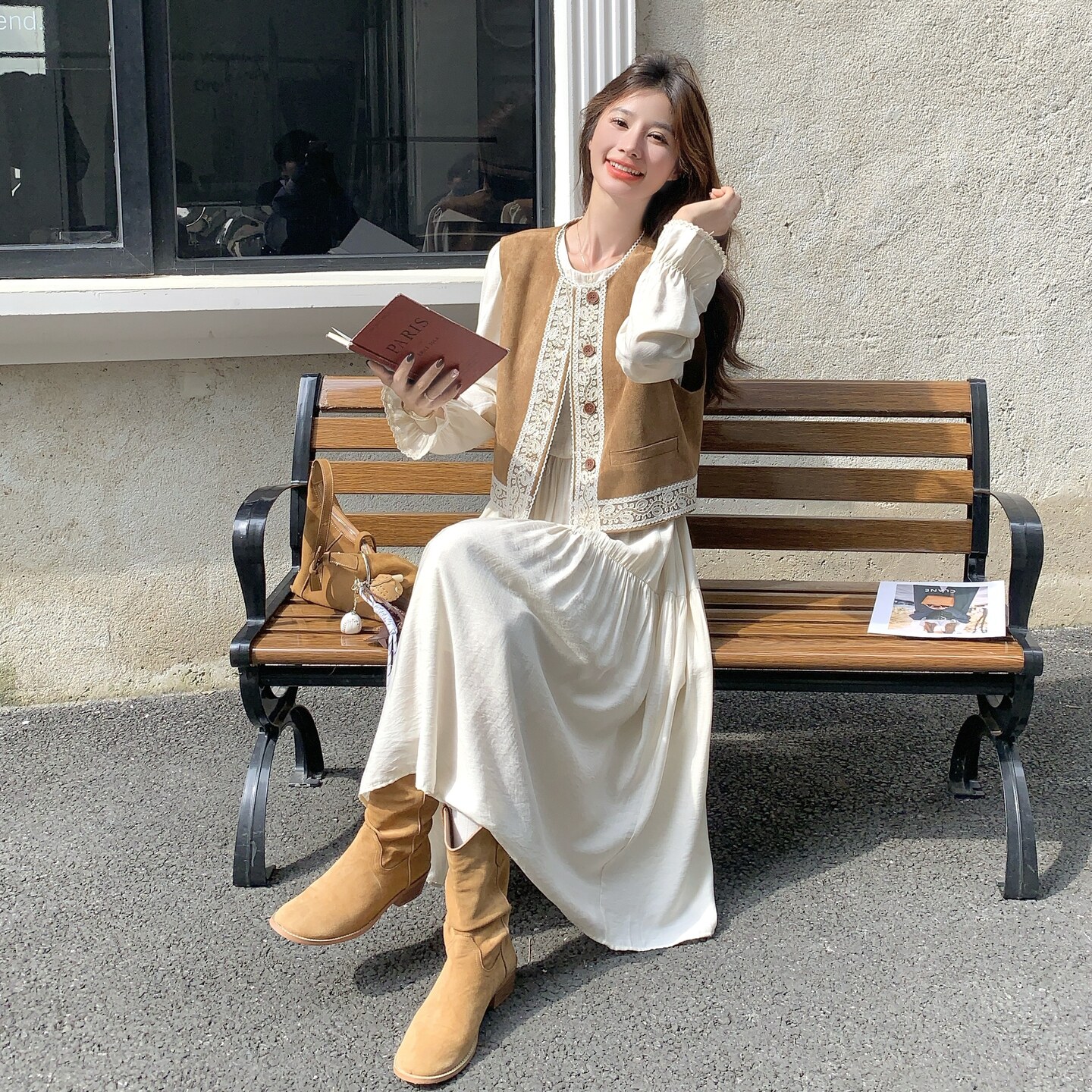 白色连衣裙套装女秋季2025旅游穿搭美拉德马甲裙子刺绣休闲舒适,女装套装/套裙,2C218