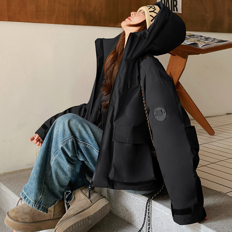 户外风姜黄色连帽冲锋衣羽绒服冬女2025新款超火好看加厚保暖外套,女装羽绒服,2C139