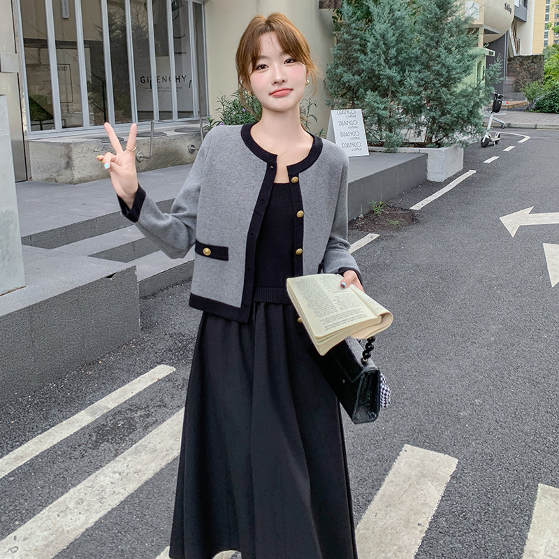 时尚套装女春秋款灰色高级感开衫上衣气质吊带裙两件套,女装套装/套裙,2C166