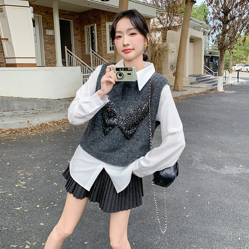 现货洋气衬衫亮丝蝴蝶针织马甲春款两件套5850-P125-K178,女装套装/套裙,2C159