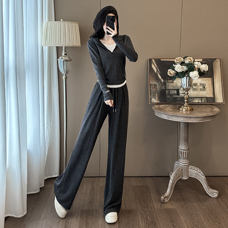 韩系小香风针织上衣修身阔腿裤两件套,女装套装/套裙,2C310