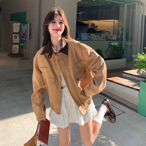 韩系复古拼色翻领外套女2025秋季新款设计感甜酷风休闲小个子夹克图片