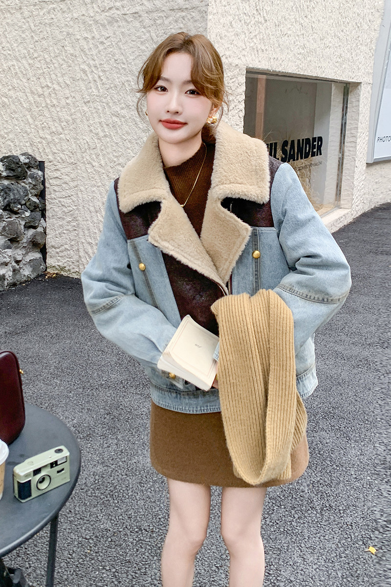 英伦风皮毛一体拼接牛仔外套女2024冬新款夹棉机车派克服皮草外套,女装羽绒服,2C057