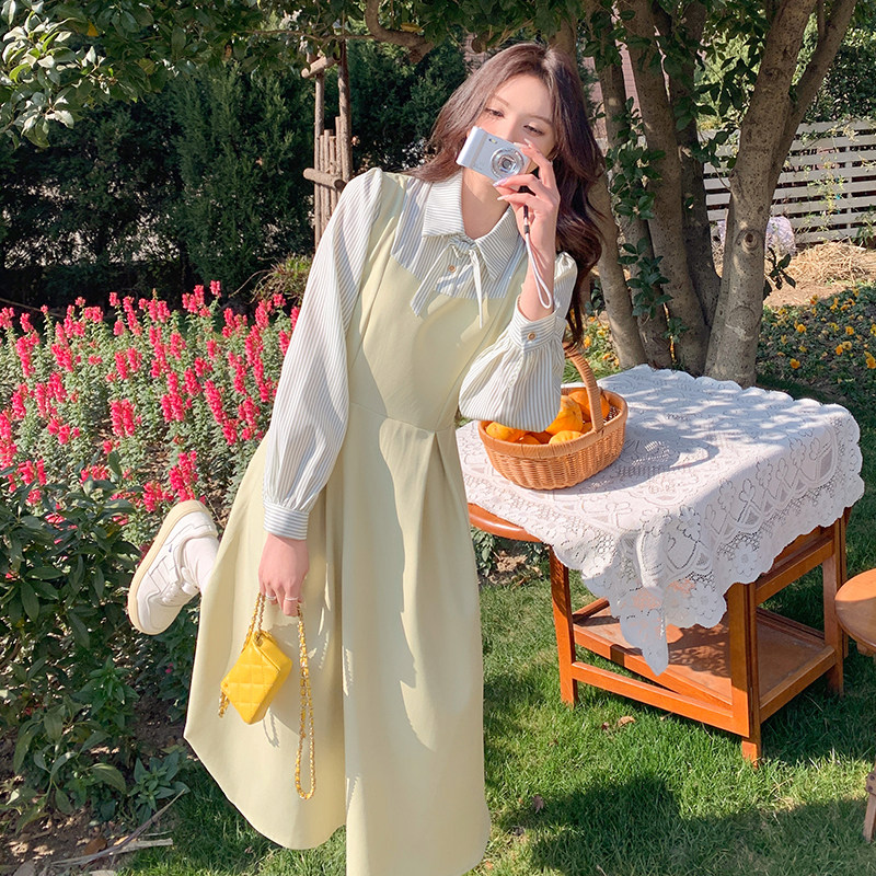 茶歇法式长袖假两件连衣裙女2025春秋新款韩系收腰显瘦减龄衬衫裙,女装连衣裙,2C092