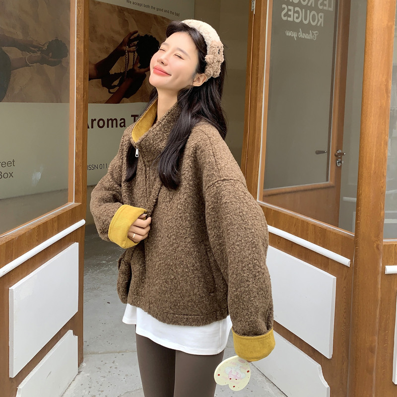 美拉德撞色羊羔毛外套女秋冬2025新款设计小个子气质巨好看棉服,女装毛呢外套,2C159