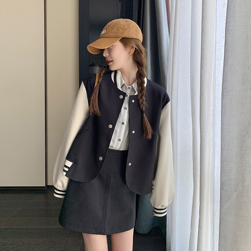 新品大货附买家秀拼色棒球服外套+半身裙裤套套196A-P165K22,女装套装/套裙,2C075