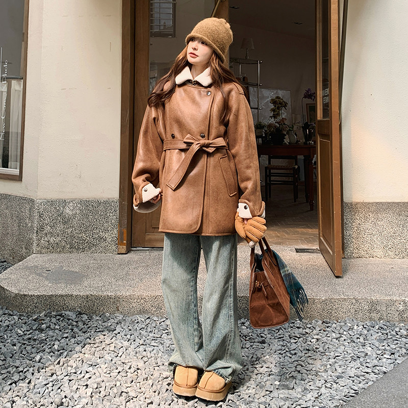 新品咖色皮毛一体中长款加厚外套5801-P215-K308,女装派克服,2C159
